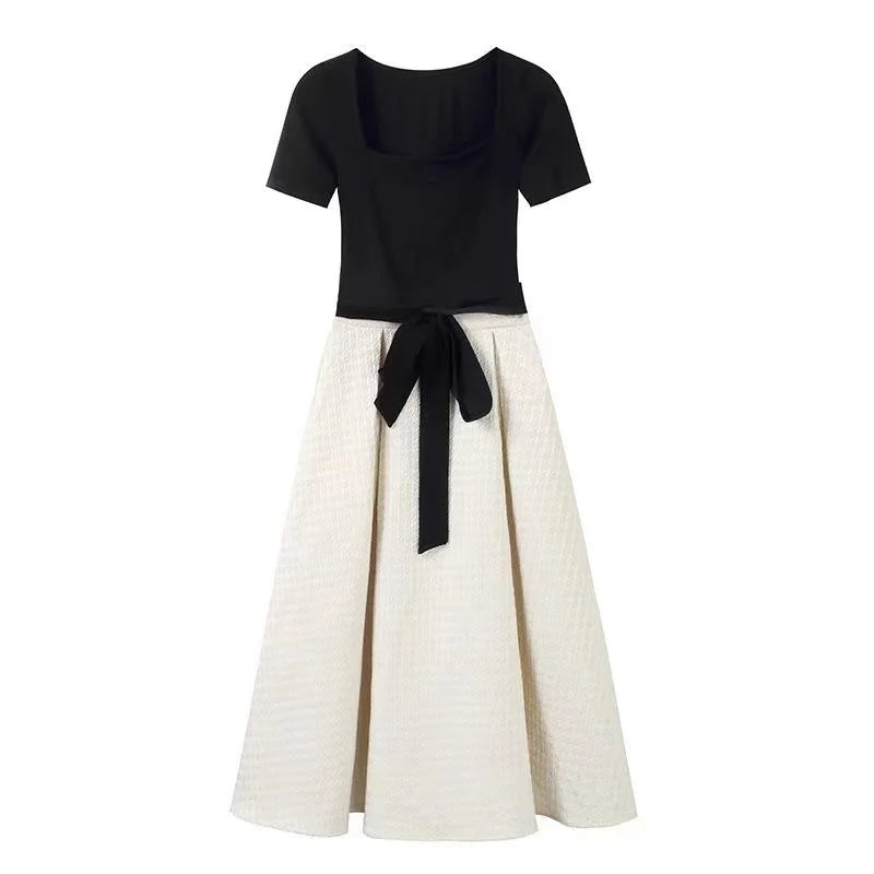 Aiertu Summer Bandage Party Short Sleeve Two Piece Set Women Square Collar High Waist  Princess French Elegant Black Tops White Skirts Aiertu