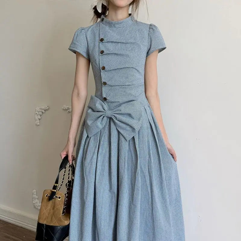 AIERTU  -  Retro Plaid Mid-neck Dress Women's Summer Short-sleeved Waist Big Bow Long Dress Aiertu
