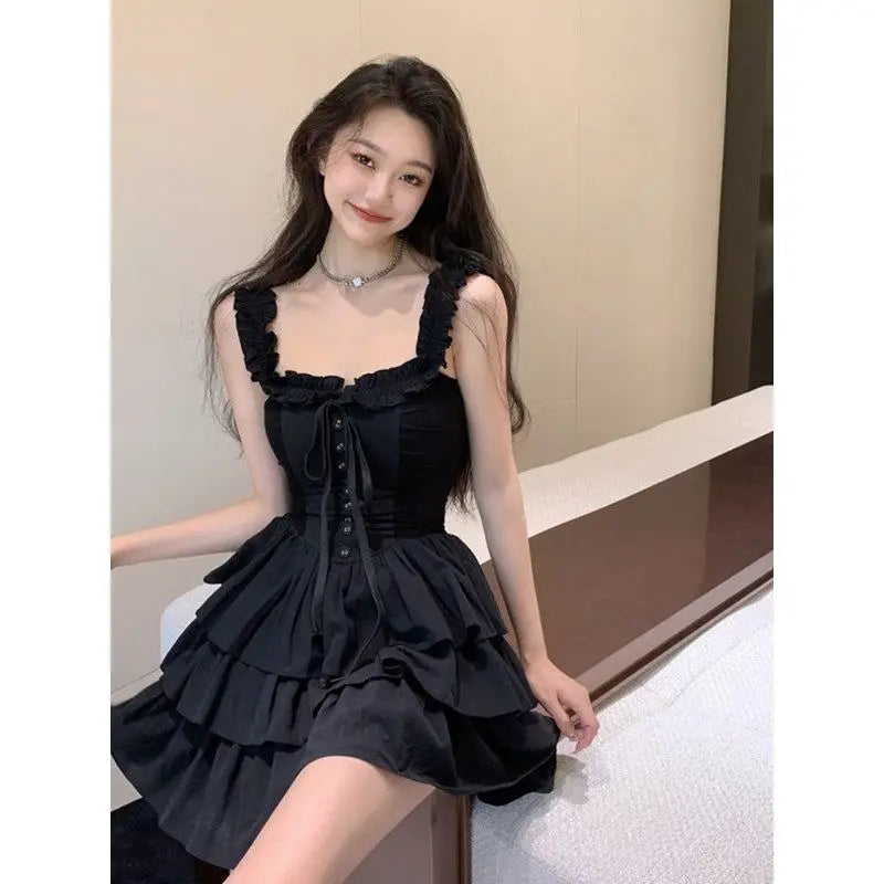 Aiertu Gothic Goth Harajuku Sexy Slip Dress Ruffles Y2k Streetwear Dark Punk Cake Dresses Party Korean Fashion  Summer Aiertu