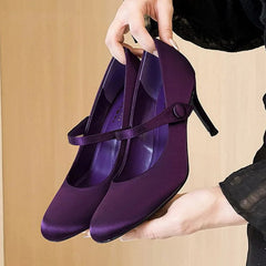 AIERTU  -  New Fashion Satin Round Toe Buckle Strap Women Pumps Concise Elegant Thin High Heels Banquet Dress Shoes Aiertu