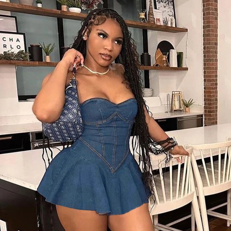 Aiertu Summer 2024 New Temperament Wrap Hip A Skirt European And American Style Sexy Bra Imitation Denim Dress For Women Aiertu