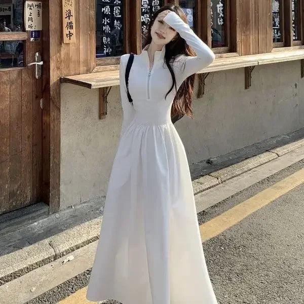 Aiertu 2024 Autumn Korean Style Zip White Dress Women Kpop Wrap Long Sleeve Long Dresses Streetwear Solid Simple Ladies Chic Aiertu