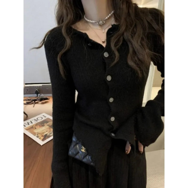 Aiertu Y2k Grey Vintage Women Kint Sweater Harajuku Long Sleeve Cardigan Irregular Korean Fashion Slim Autumn Jerseys Casual aiertu