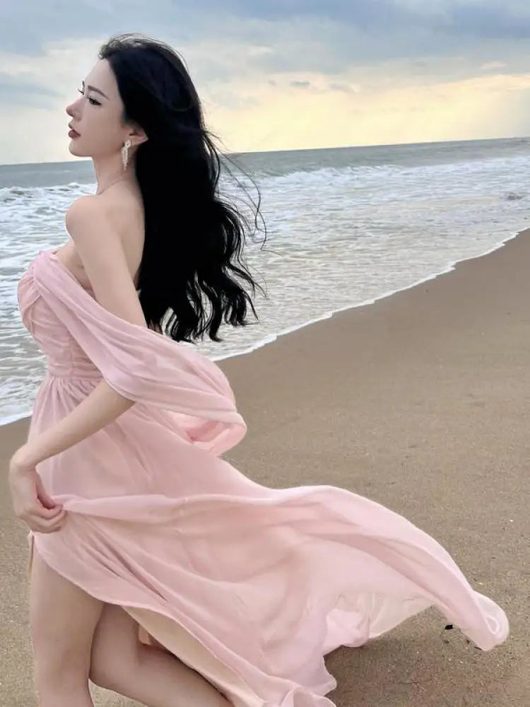Aiertu Summer Pink Elegant Pleated High Waist Split Long Dress Women Fashion Backless Halter Strapless Fairy Dress Female 2024 Vestido Aiertu