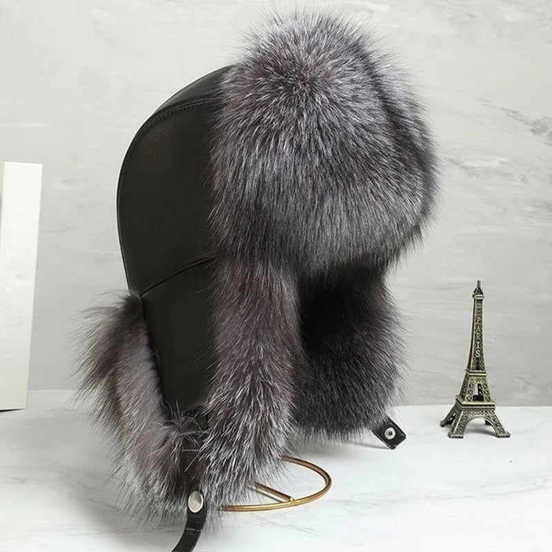 AIERTU  - Fur Hat Women Black Fox Fur Ushanka Hats Winter Warm Ears Bomber Cap Thick Hat Windproof Ear Flaps Middle Aged Cold Weather Aiertu