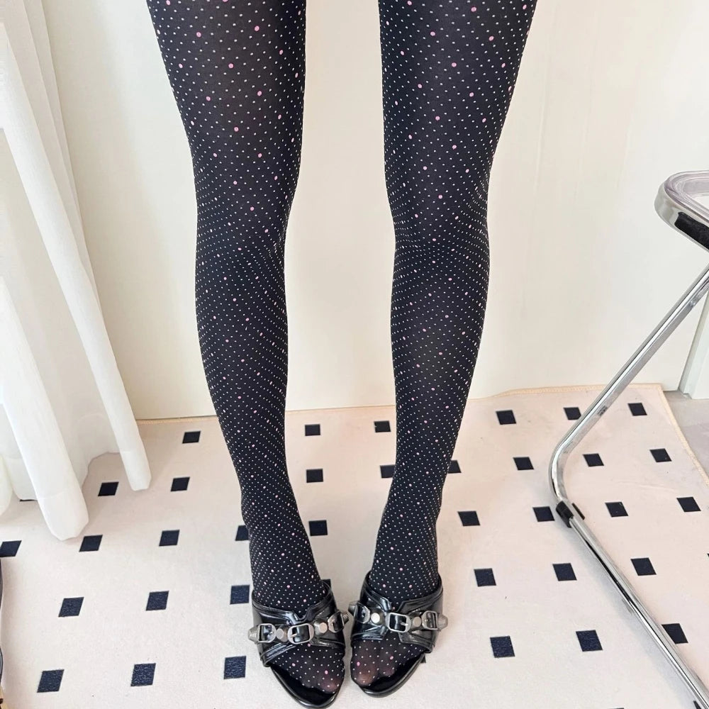 AIERTU  -  Sweet Cool Black Pink Polka Dot Ins Tights Autumn Color Block Velvet Trendy Women Base Stockings Daily Skirt Commute Stockings Aiertu