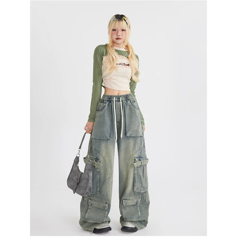 Aiertu Women Blue Jeans Cargo Pants Streetwear High Waist American Wide Leg Pants Fashion Y2K Style Female Winter Straight Trousers Aiertu