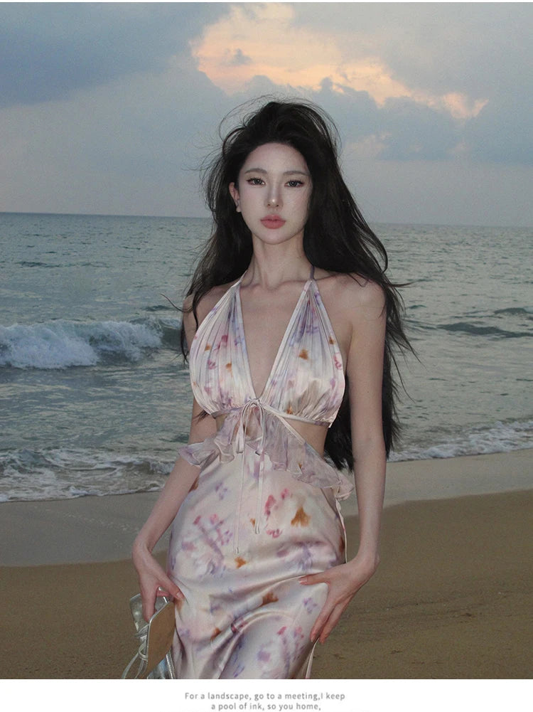 Aiertu New Sexy Fashion New Women Floral Print Midi Dress Sleeveless Halter Bodycon Slim Beach Holiday Vestidos Female Backless Clothes Aiertu