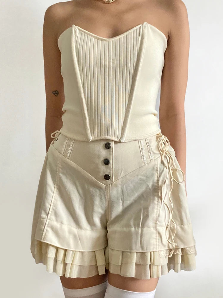 Aiertu  Vintage Sweet Bandage Ruffles Shorts Slim Solid High-Waisted Patchwork Shorts Women Summer Fashion Streetwear Lady Aiertu