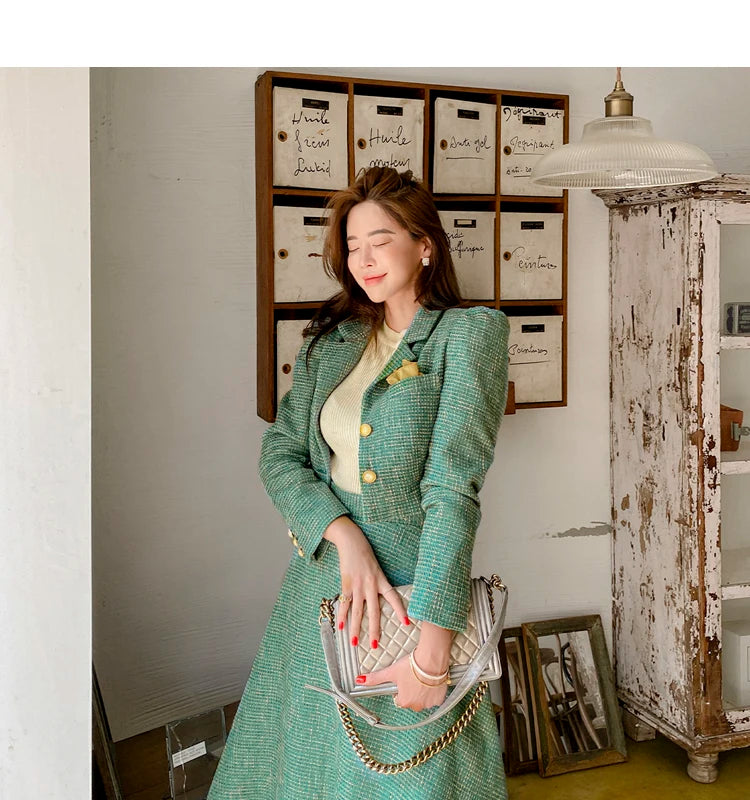 Aiertu Women Two piece Set Korean Chic French Temperament V-neck Pearl Button Puff Sleeve Short Jacket + High Waist Swing Skirt Suits Aiertu