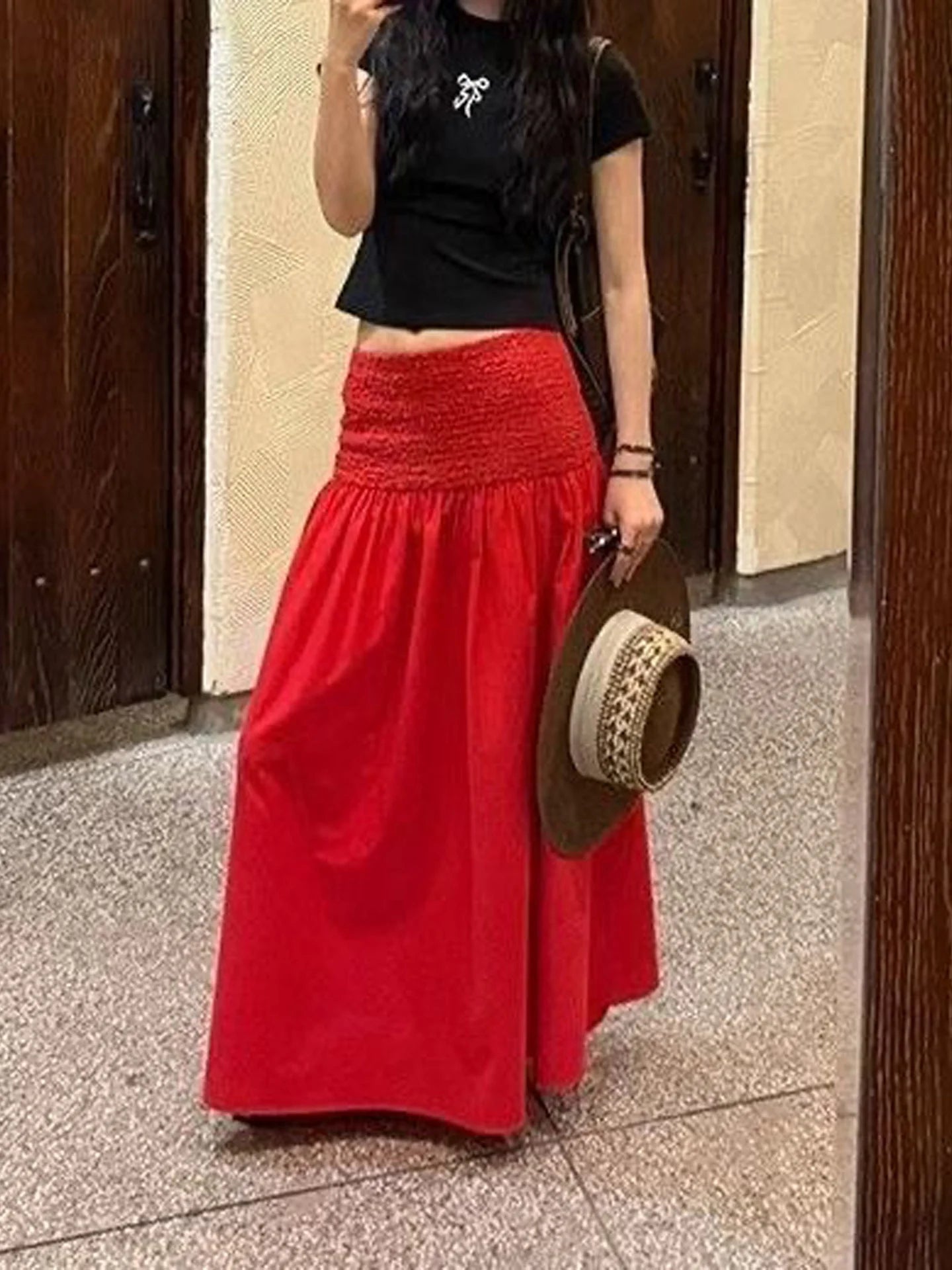 AIERTU  -  Red Oversized A-Line Skirt Women's Fashionable Loose Slimming Long Skirt Spring Autumn New Design Sensation Half-length Skirt Aiertu