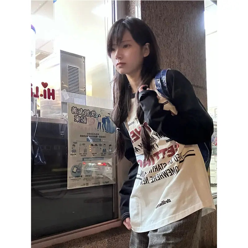 Aiertu Casual Loose Preppy Letter Print Tshirts Patchwork Contrast Color Trendy T-shirts Women Streetwear Grunge Long Sleeve Tees Y2k Aiertu