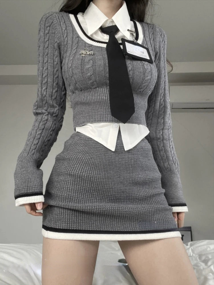 Aiertu Korean Style Fashion 3 Piece Set Women Knitted Kawaii Sweet Mini Skirt Suit Female Long Sleeve Vintage Sexy Clothing Autumn Aiertu