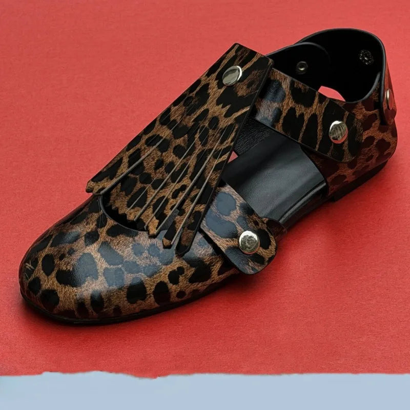 AIERTU  -  Tassel Metal Decoration Ballet Flats Women Round Toe Details Comfort College Mary Jane Shoes Leopard Print Retro Women's Shoes Aiertu