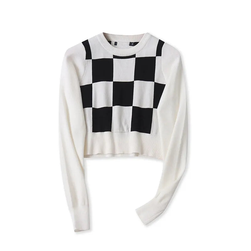 AIERTU  -  Trendy Women Autumn Plaid Knitted Crop Sweater Long Sleeve Pullover Knitwear Short Jumper Aiertu