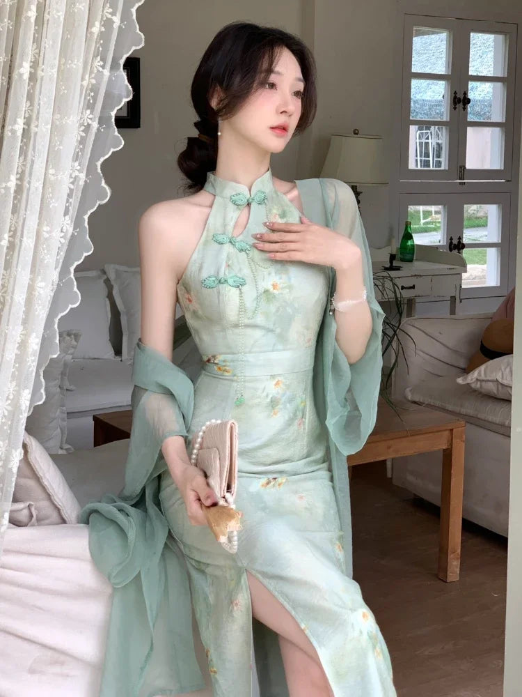 Aiertu Print French Vintage Two Piece Set Women Elegant Sweet Party Long Dress Suit Female Causal Cardigan + Korean Fashion Dress Aiertu
