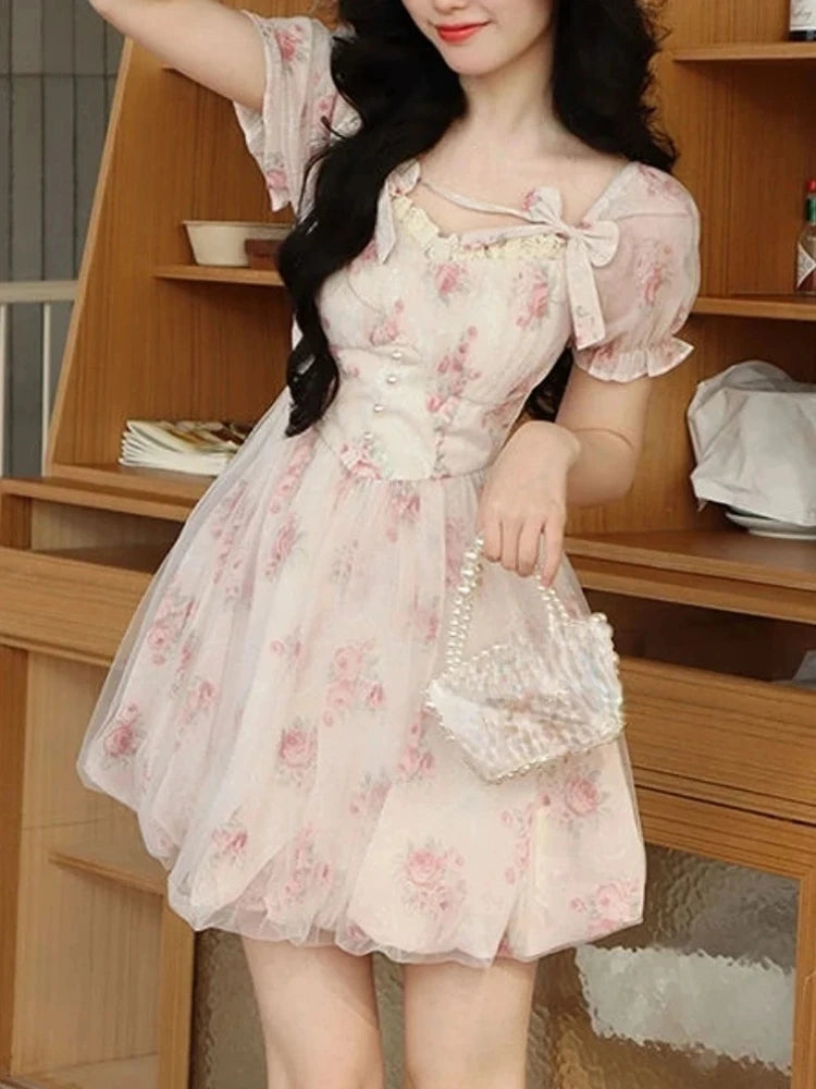 Aiertu Women Elegant Floral Print Casual Mini Dress Vintage Chic A-Line Slim Party Birthday Clothes Female Robe Vestidos Spring Summer Aiertu