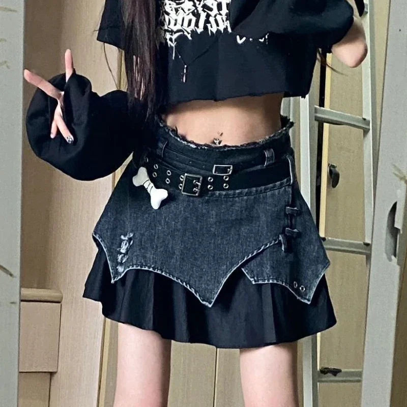 Aiertu Japanese Style Lolita Denim Skirt Gothic Women Harajuku Y2k Patchwork High Waist Mini Skirts Punk E Girl Irregular Sexy Skirts Aiertu