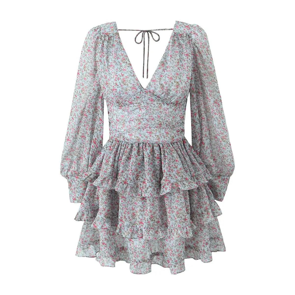 Aiertu  Spring 2024 Women Sexy Backless Floral Print Dress Puff Sleeve V Neck Layered Ruffle Cake Mini Dresses Holiday Party Robe Aiertu
