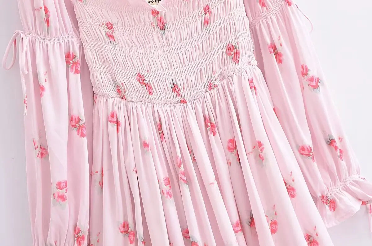 Aiertu Sweet Pink Floral Print Satin Sexy Off Shoulder Dress Women Long Sleeve Holiday Party Mini Dresses Princess Fairy Robe Aiertu