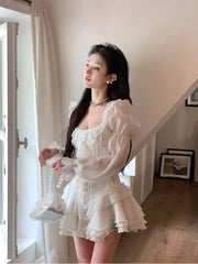 White French Elegant Evening Party Dress Women Casual Sexy Lace Puffed Sleeve Short Robe Summer Korean Y2k Sweet Mini Dress Chic Aiertu
