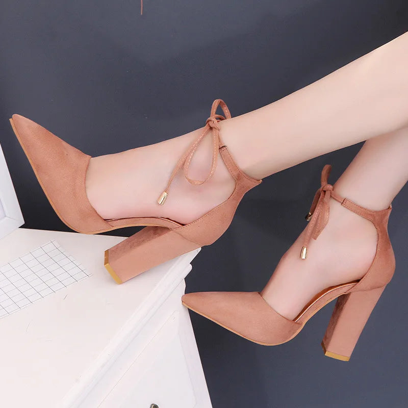 Autumn New Pointed Thick Heel Strap High Heel Shoes Elegant Fashion Solid Color Party High Heel Sandals Shoes for Women Aiertu