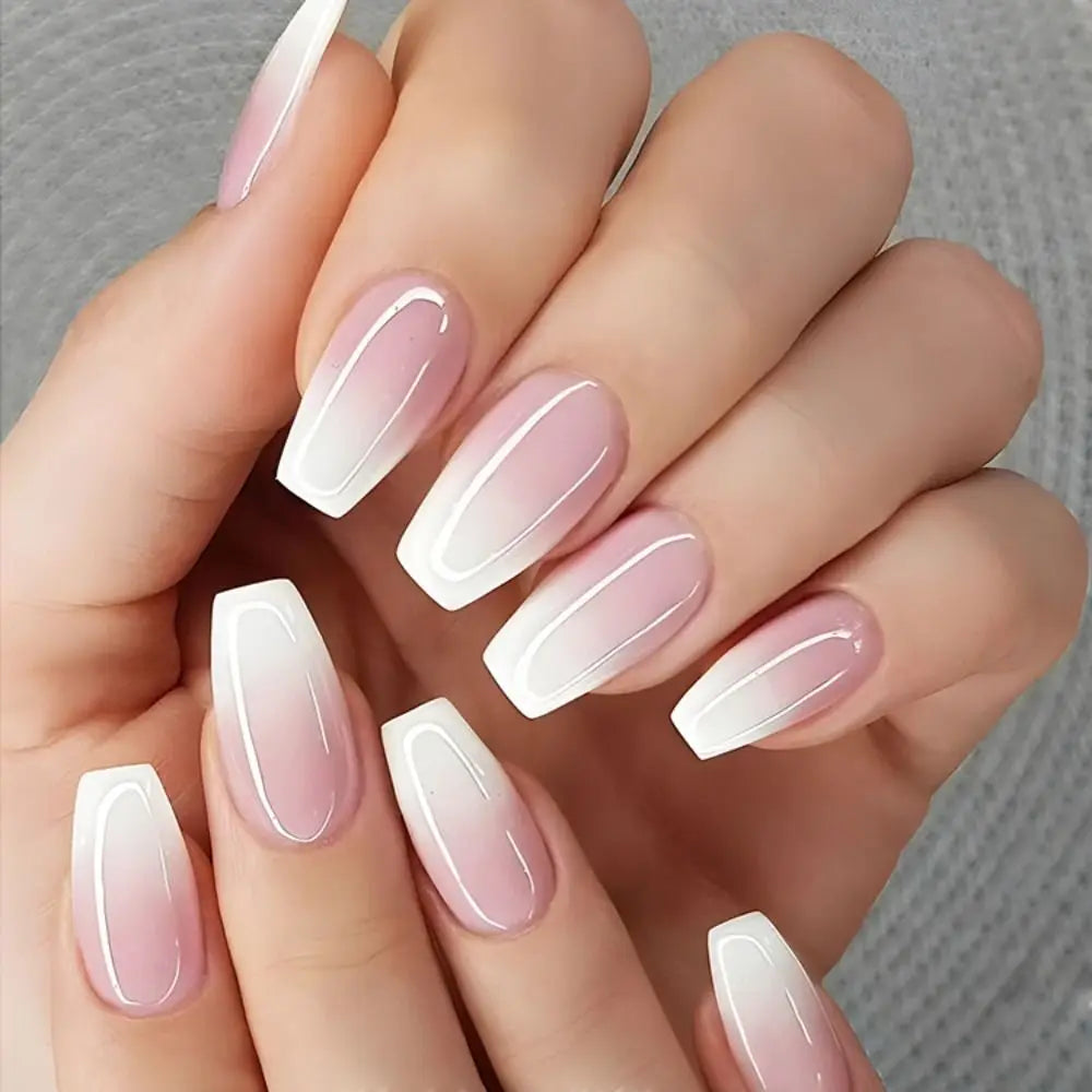 Aiertu 24pcs Gradient Fake Nails French Ballerina Nail Waterproof Faux Medium Coffin false nails Fingernails Press on Nails Tips aiertu