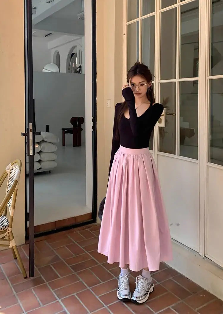Aiertu Spring And Autumn New Fashion Women's Sweet Elegant High Waist Pleated Pink Zipper Half Length A-line Long Skirt Lady Sexy Party Aiertu