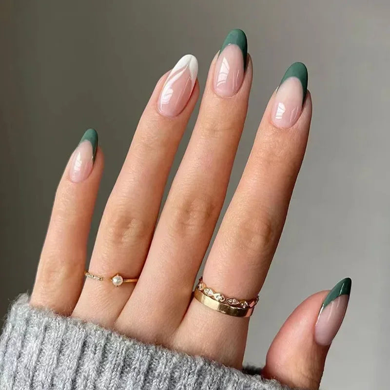 Aiertu 24Pcs Simple Green French False Nails Short Almond Fake Nails with Wave Line Design Wearable Round Head Press on Nail Tips Aiertu