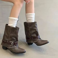 AIERTU  -  Women Western Cowboy Mid Calf Boots Vintage Pointed Toe Chunky Heel Riding Boots with Ornate Buckle Rivets Casual Ankle Boots Aiertu