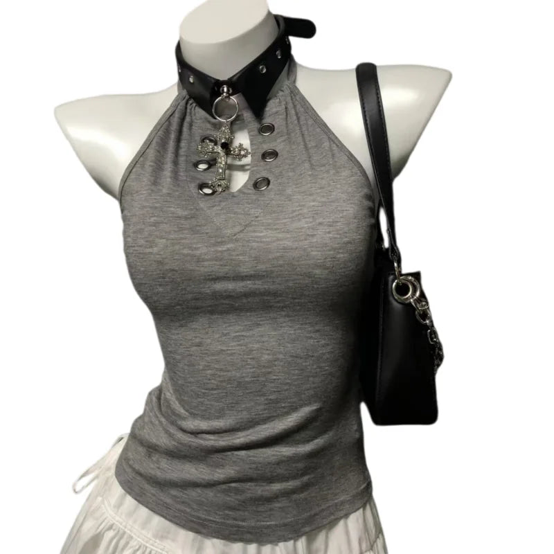 AIERTU  -  New Summer Women's Gray Hollow Out Halter Cami Top Vintage Stylish Hot Girl Top For Daily Street Fashion Outfits Aiertu