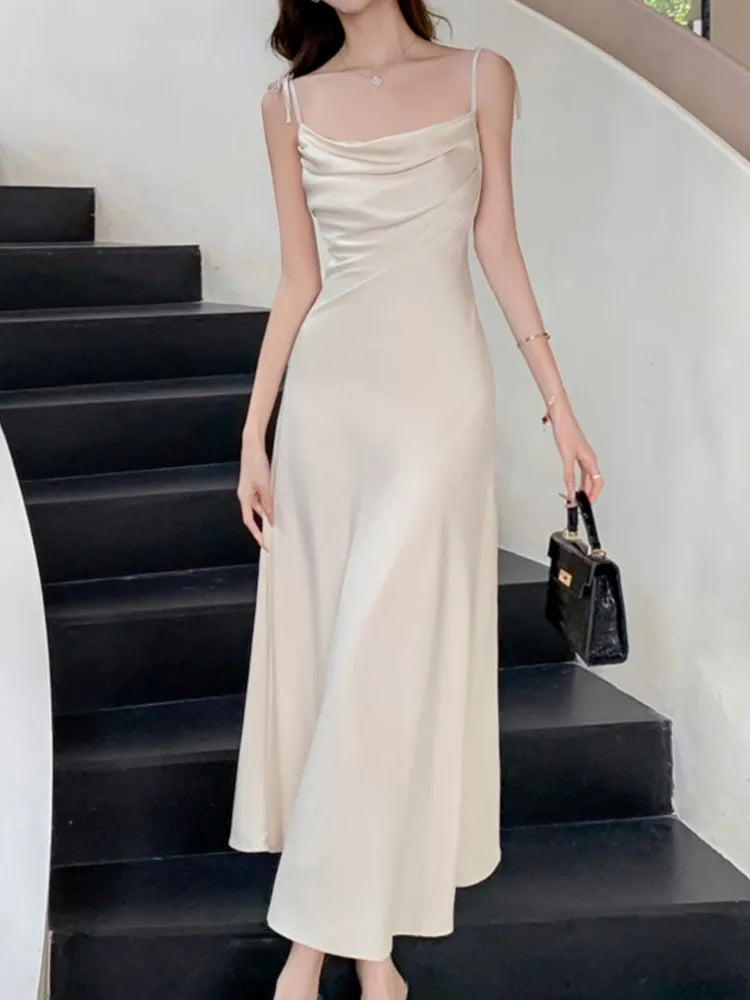 Aiertu Sleeveless Solid Chic Women Summer Dress Spaghetti Strap Satin Bodycon Elegant Midi Party Vestidos Female Long Clothes New Robe Aiertu