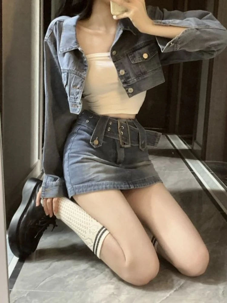 Aiertu Vintage Denim Suit Woman Slim Casual Short Cardigan + Sexy Bodycon Y2k Mini Skirt Elegant Korean Fashion Set 2024 Spring Chic Aiertu