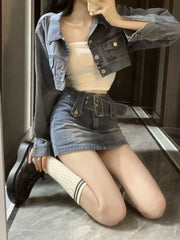 Aiertu Vintage Denim Suit Woman Slim Casual Short Cardigan + Sexy Bodycon Y2k Mini Skirt Elegant Korean Fashion Set 2024 Spring Chic Aiertu