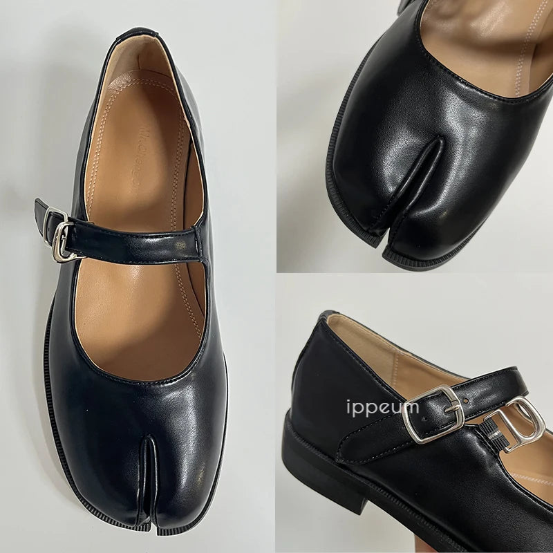 Aiertu Back  to school Flats Split Toe Shoes Plus Size 42 Loafer Brown Shoes Black Leather Women  Mary Janes Aiertu