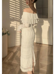 Aiertu White Elegant Vintage Midi Dress Women Ruffles Sexy Beach Party Bodycon Dress Female Silm One Piece Dress Korean Summer Y2k Aiertu