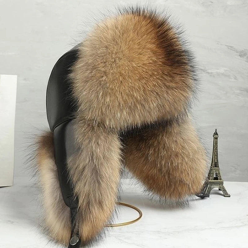 AIERTU  - Fur Hat Women Black Fox Fur Ushanka Hats Winter Warm Ears Bomber Cap Thick Hat Windproof Ear Flaps Middle Aged Cold Weather Aiertu