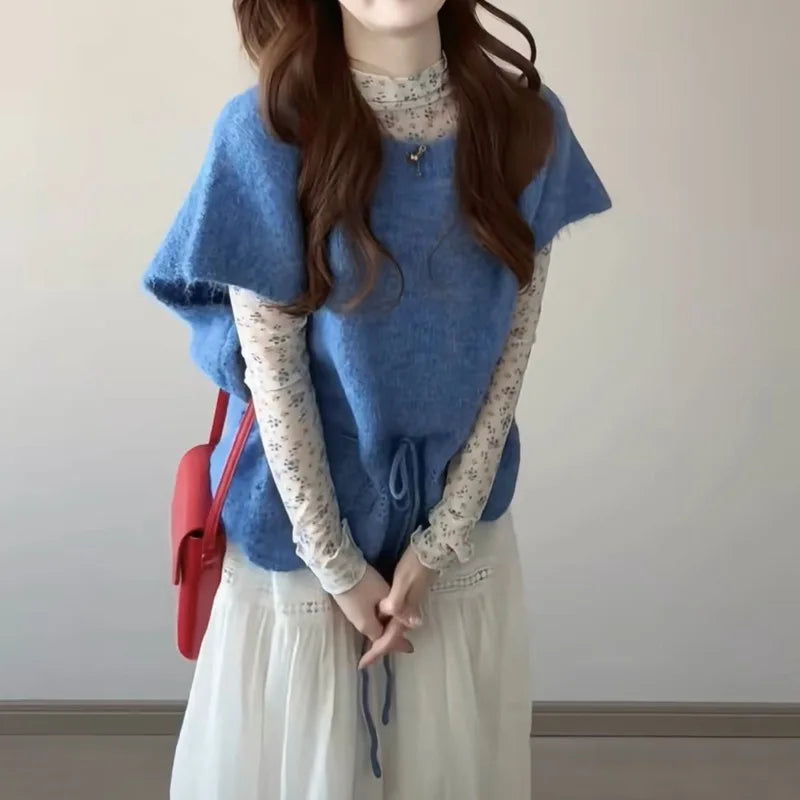 AIERTU  - Spring French Blue Short Sleeve Pullovers Batwing Sweaters New Design Drawstring Lace Up Women'S Wave Cut Knitted Tops Y2K Aiertu