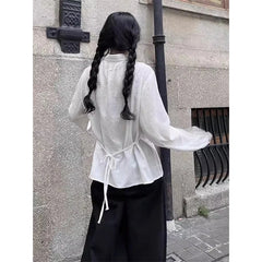 Aiertu Vintage White Shirts Women Japanese Preppy Bandage Long Sleeve Blouses Summer Harajuku Korean Basic Single Breasted Chic Tops Aiertu