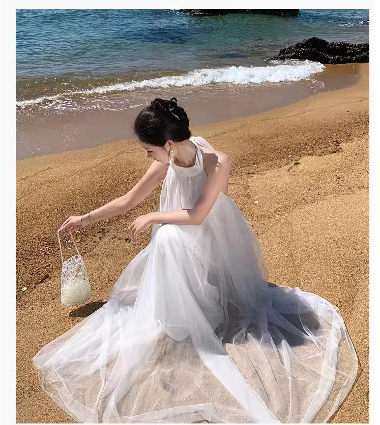 Aiertu French White Loose Halter Bandage Pleated Long Dresses Women Sexy Club Backless Sleeveless Elegant Evening Party Mesh Dress Robe Aiertu