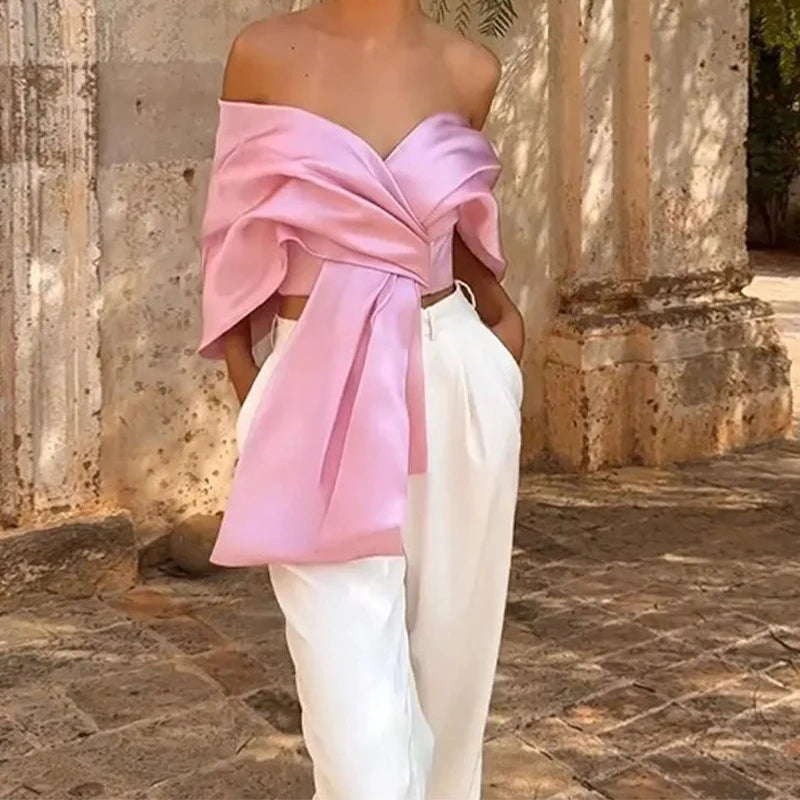 Aiertu Women Satin Bow Pleated Lace Up Backless Top 2024 Summer Elegant High Street Club Party Female Off Shoulder Shirts Vest Clubwear Aiertu