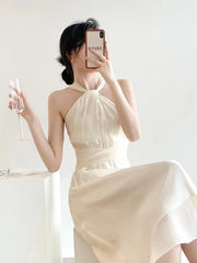 Aiertu Woman Beach Vacation Dress Sleeveless Sexy Halter Solid Korean Fashion Summer New Elegant Midi Sexy Club Dresses French Backless Aiertu