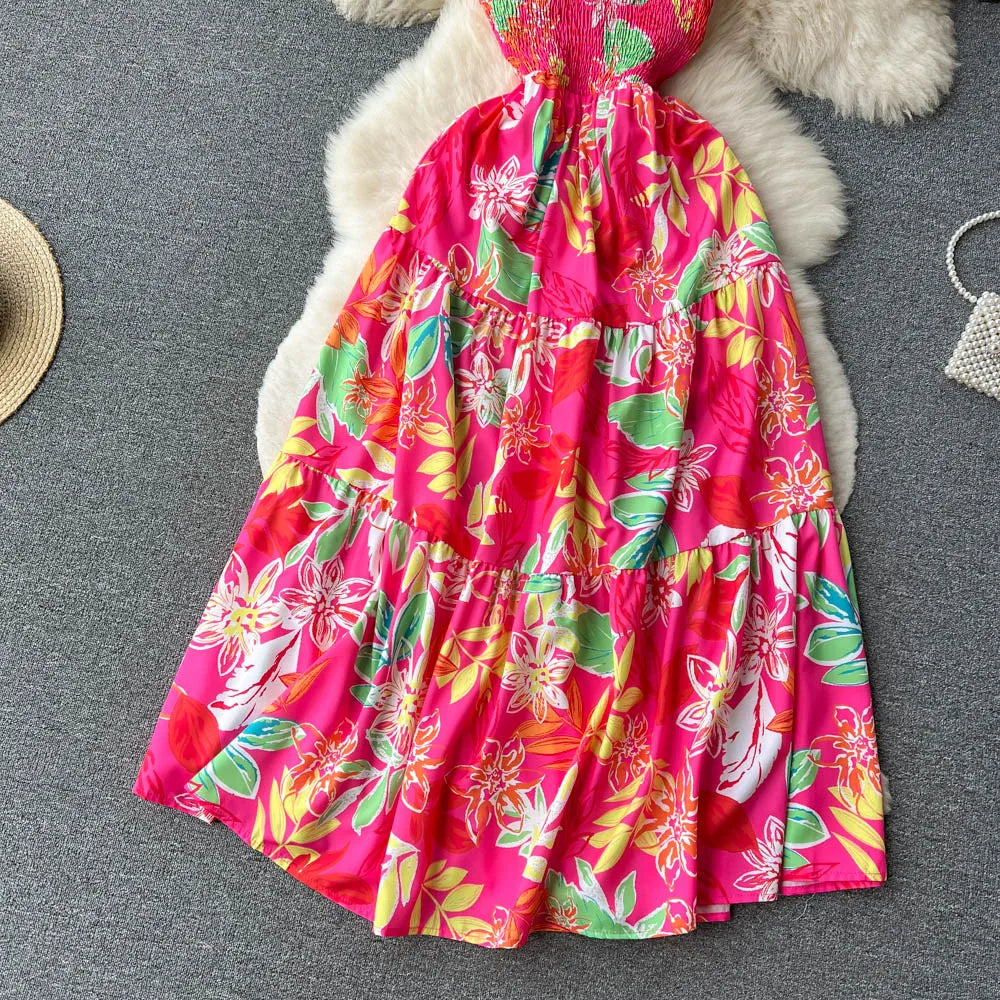 Aiertu Summer Vacation Spaghetti Strap Long Dress Women Sleeveless Ruched Elastic Backless Dress Floral Print Beach Sundress Aiertu