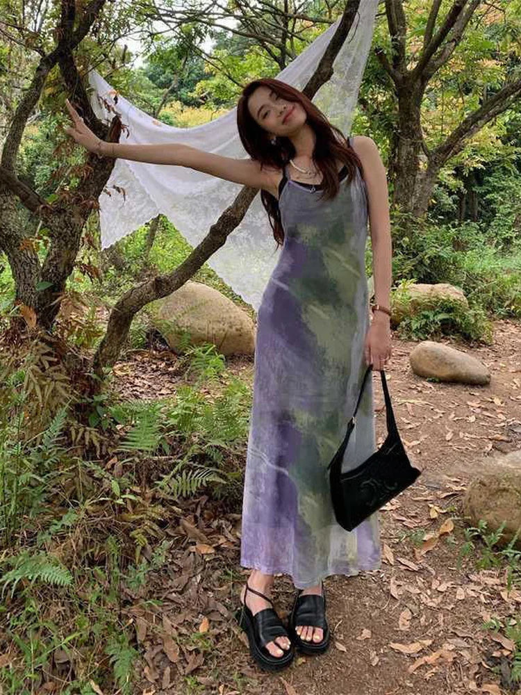 Aiertu Vintage Tie Dye Print Mesh Dress Women Sexy Y2k Spaghetti Strap Maxi Dresses Korean Fashion 2 Piece Set Robe Vestidos Aiertu
