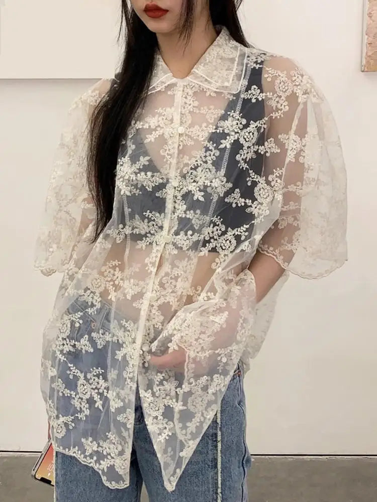 Aiertu Puff Sleeve Lace Loose T Shirt Women Summer See Through Short Sleeve Double Collar Design Oversize Embroidery Tops Tees Aiertu