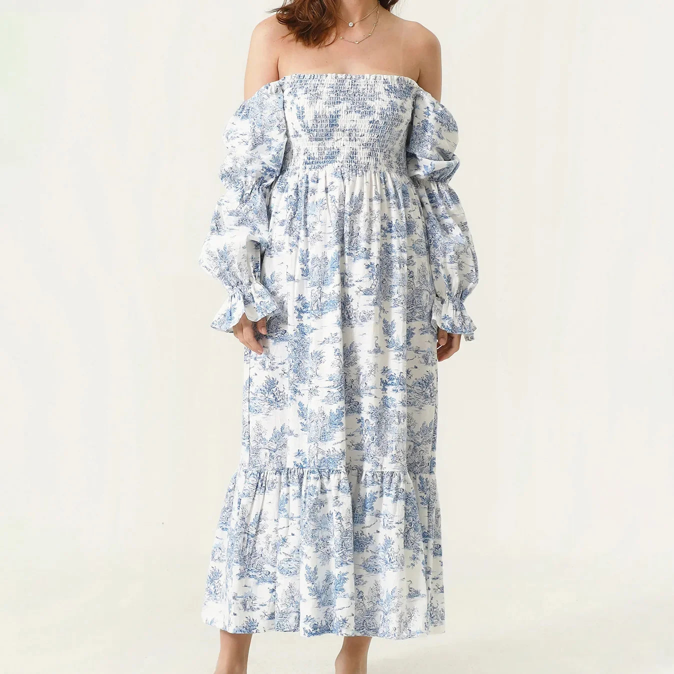 AIERTU  -  Woman Vintage Floral Dress Puff Long Sleeve Off Shoulder Ruffle Long Dress Spring Fall Casual Vintage Bohemian Dresses Aiertu