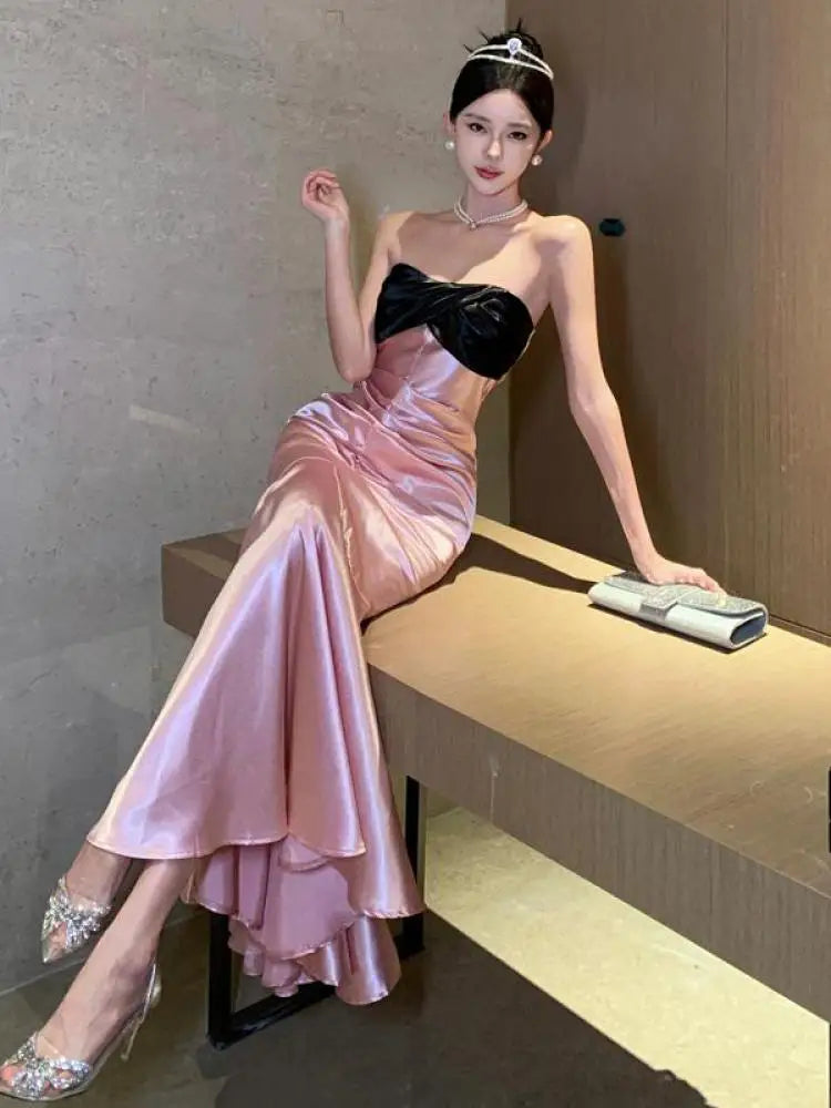 Aiertu Pink Black Patchwork Wrapped Hip Fishtail Long Dress Women Elegant Sleeveless Party Summer Backless Pleated Evening Dresses New Aiertu