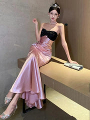 Aiertu Pink Black Patchwork Wrapped Hip Fishtail Long Dress Women Elegant Sleeveless Party Summer Backless Pleated Evening Dresses New Aiertu