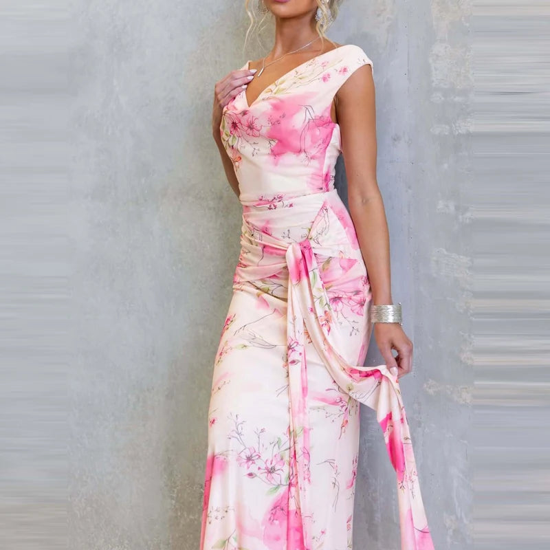 AIERTU  -  Summer Sleeveless Backless Maxi Dresses Sexy V Neck High Waist Lace-up Long Dress Women Spring Floral Print Slim Fit Party Dress Aiertu
