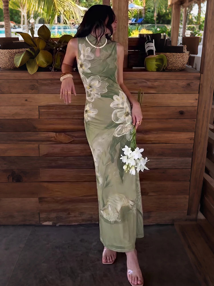 AIERTU  -  Fashion Party Gown Dress Women Hollow Frog Button Stand-Up Collar Floral Print Sleeveless Classic Elegant Chic Vestidos Aiertu